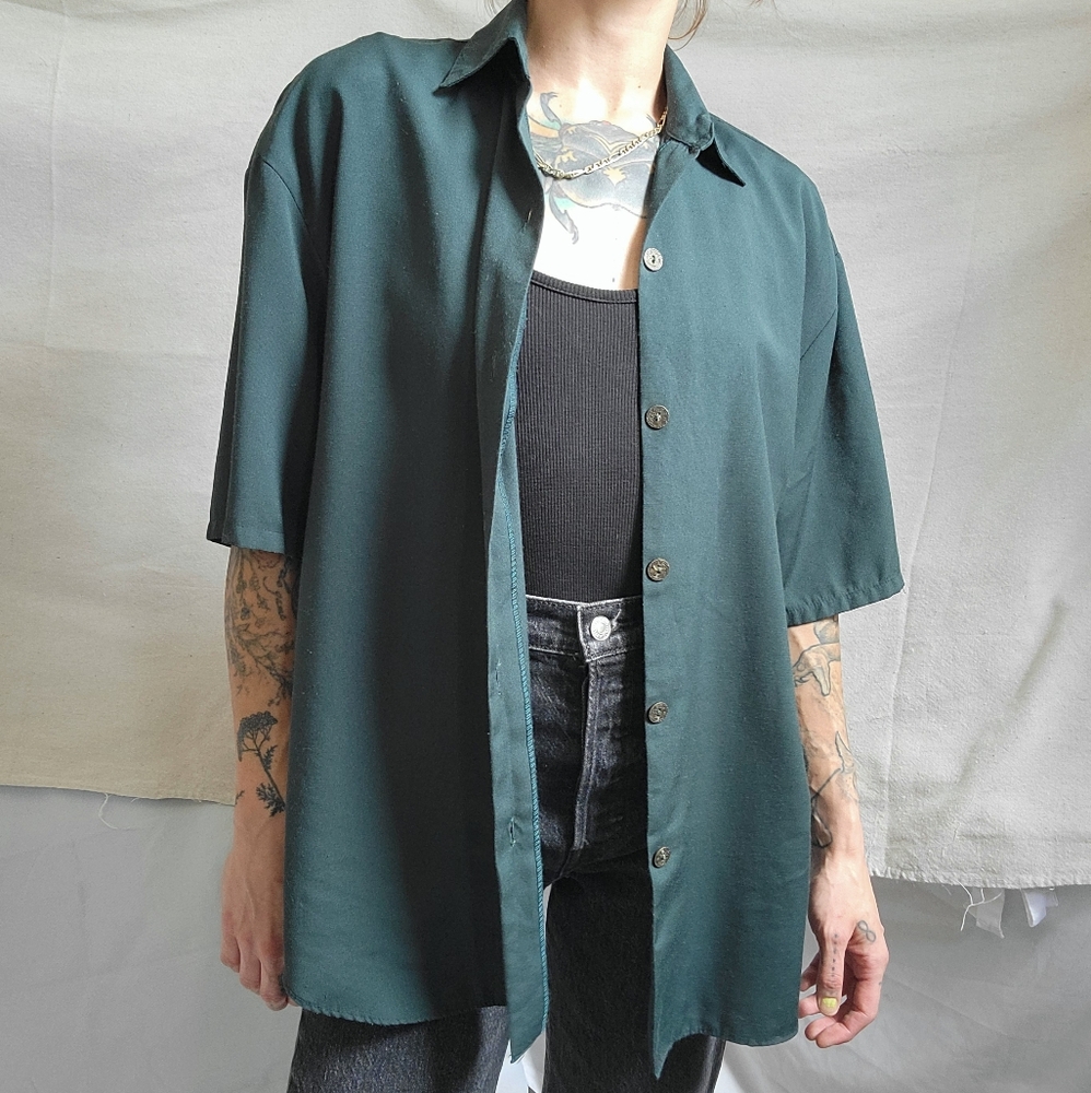 Vintage Green Oversized Short Sleeve Button Up Shirt
